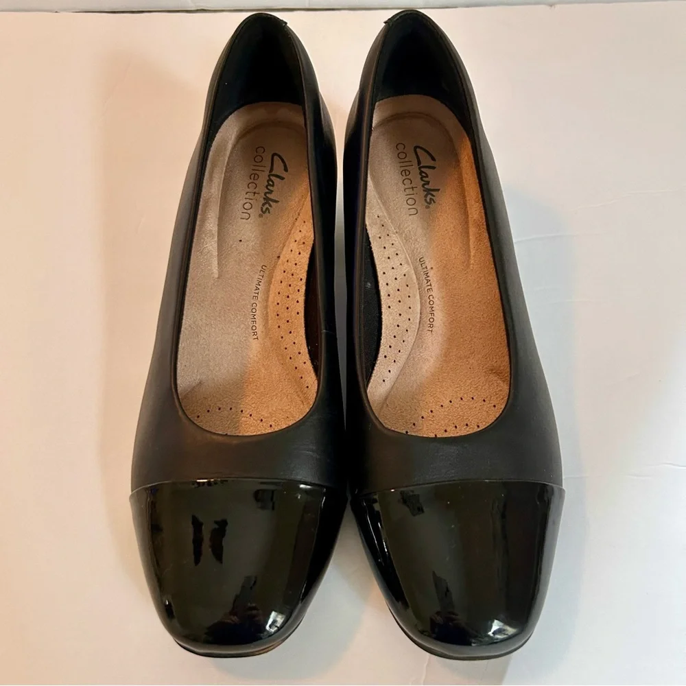 Clarks Collection Ultimate Comfort Black Block Heels Patent Toe 7.5M Marilyn